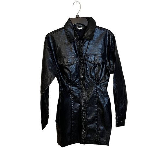 Line & Dot Lou Faux Leather Mini Dress in Black Small Womens Vegan Shirtdress - Picture 4 of 13